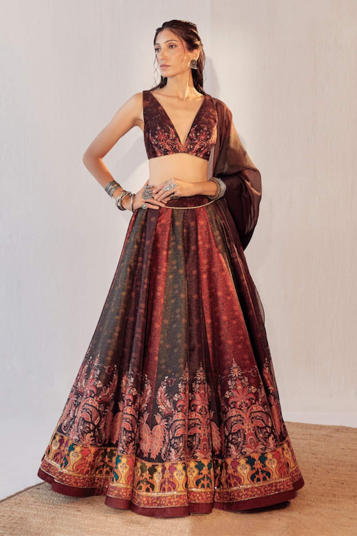Cedar & Pine Jamewaar Impression Printed Lehenga Set