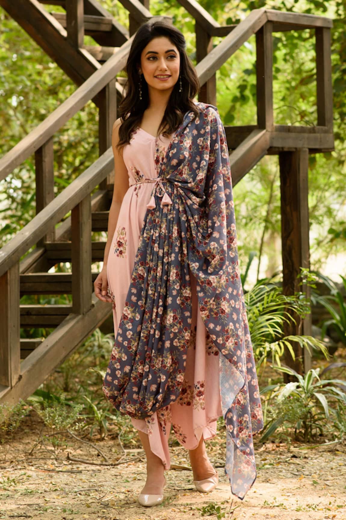 Pasha India Linen Printed Jumpsuit With Drape 