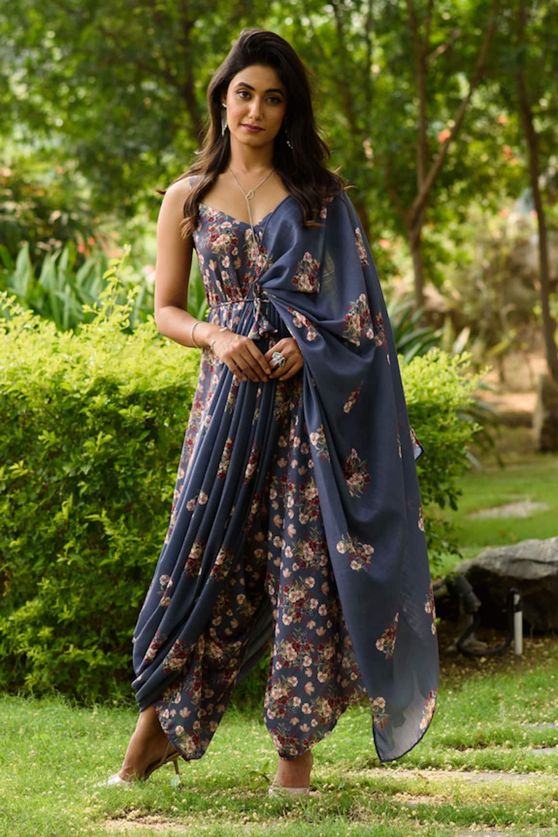 Pasha India Linen Printed Jumpsuit With Drape