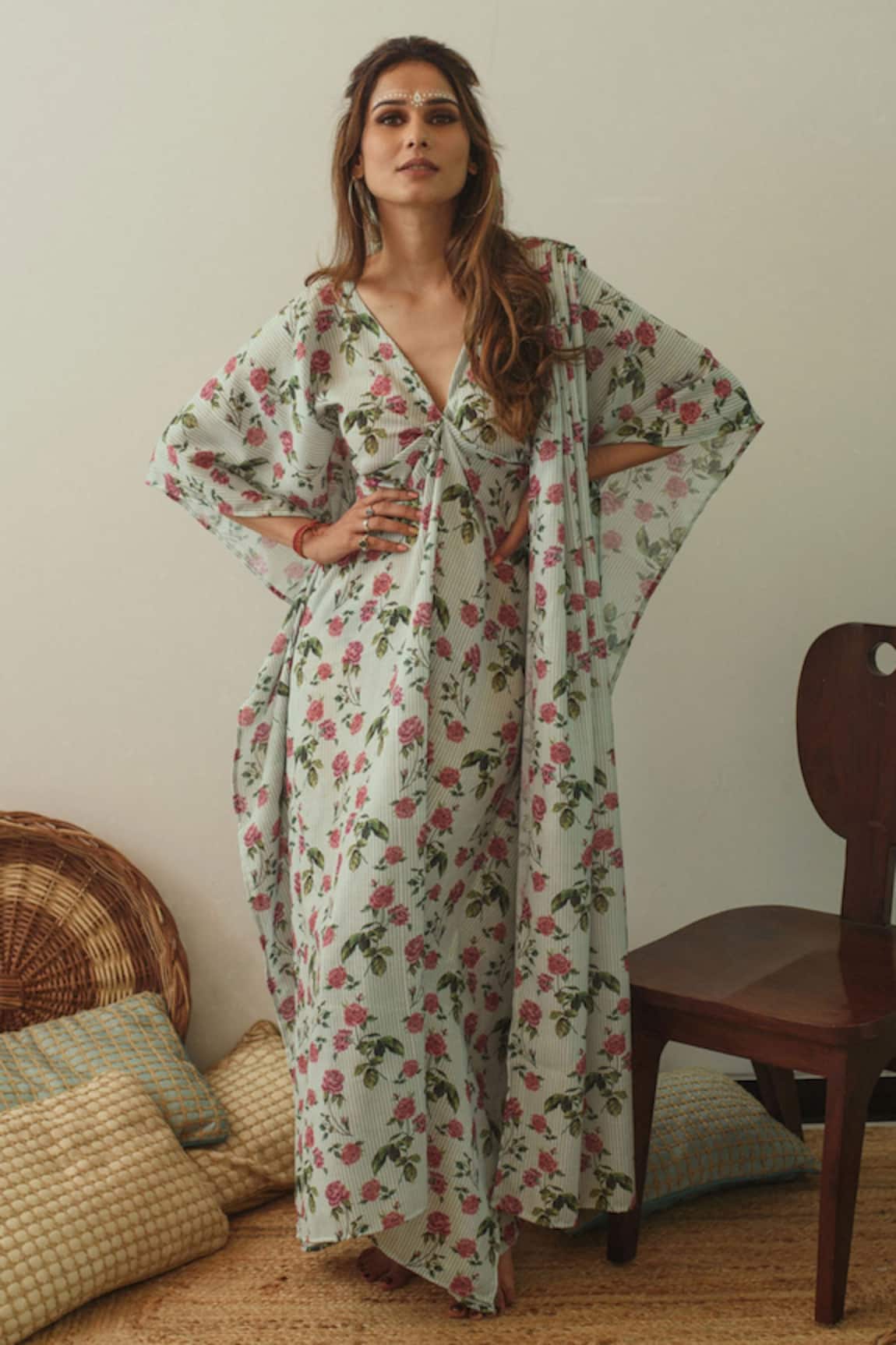 Pasha India Linen Printed Draped Kaftan