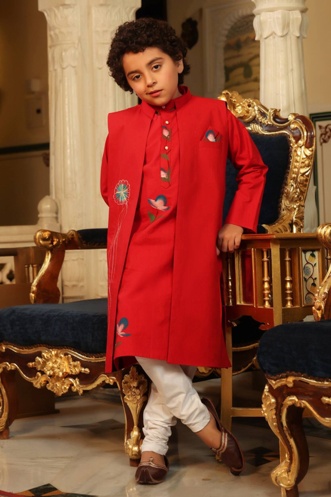 CUTE COUTURE Red Embroidered Bundi & Kurta Set 
