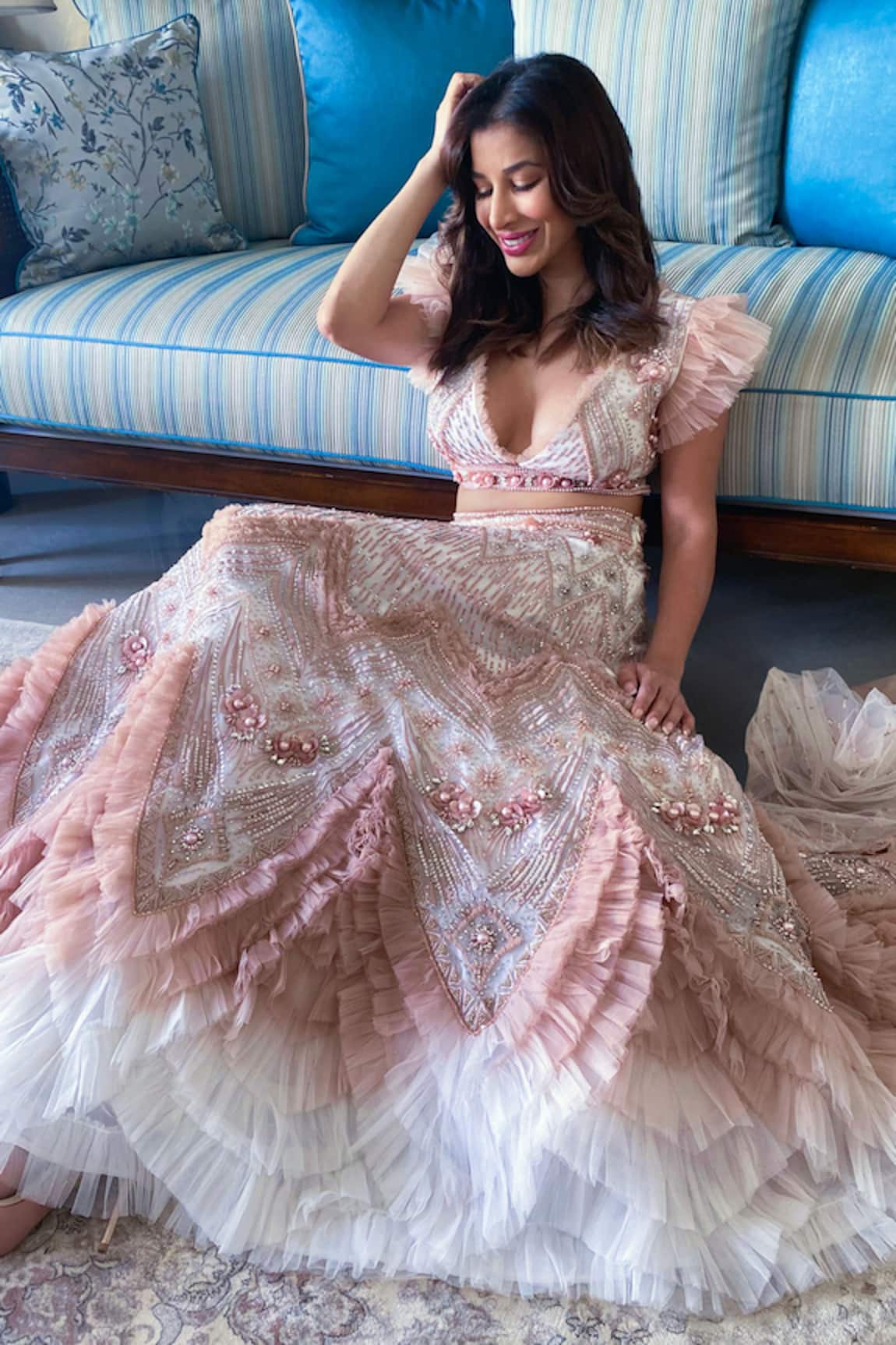 Cherie D Ruffle Silk Embroidered Lehenga Set