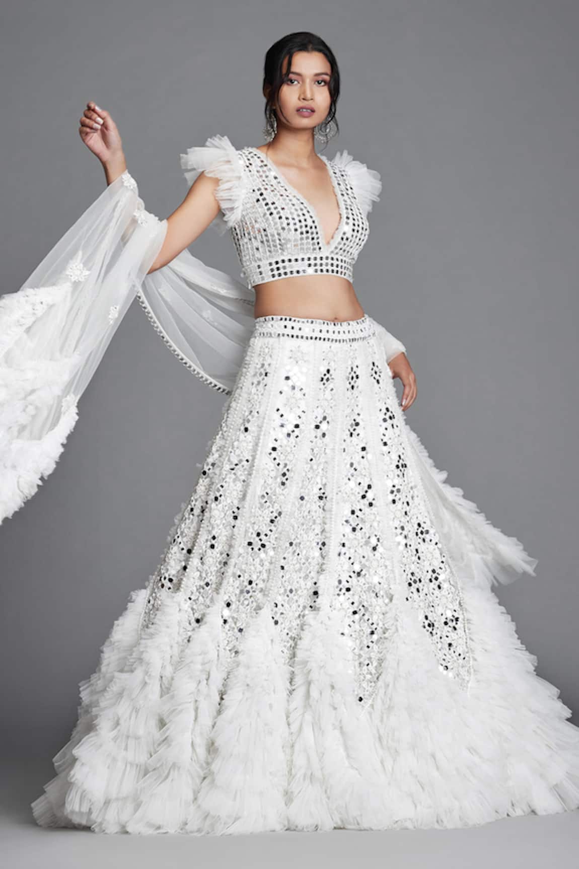 Cherie D Silk Embroidered Ruffle Lehenga Set