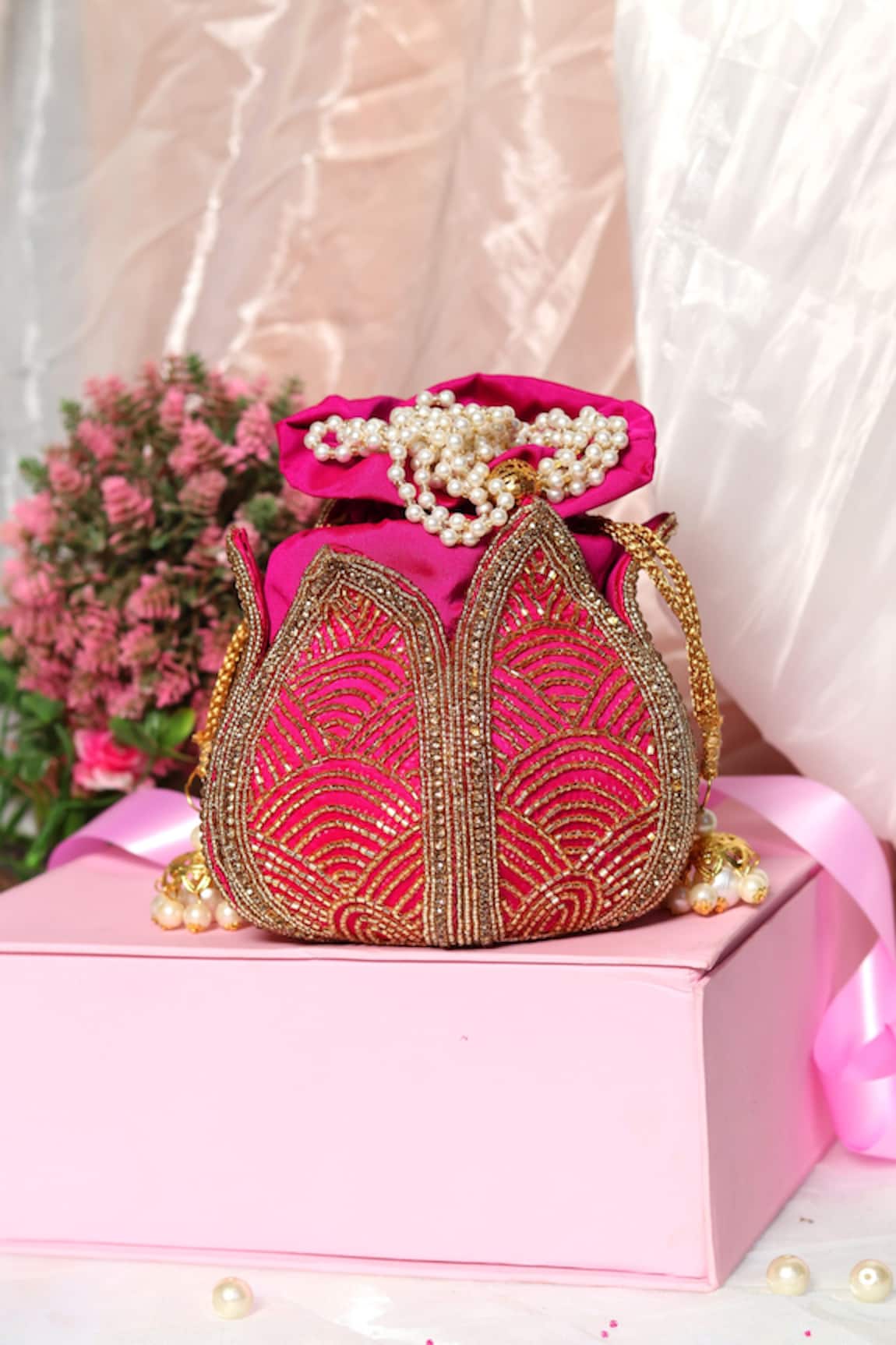 NR BY NIDHI RATHI Silk Lotus Embroidered Potli Bag