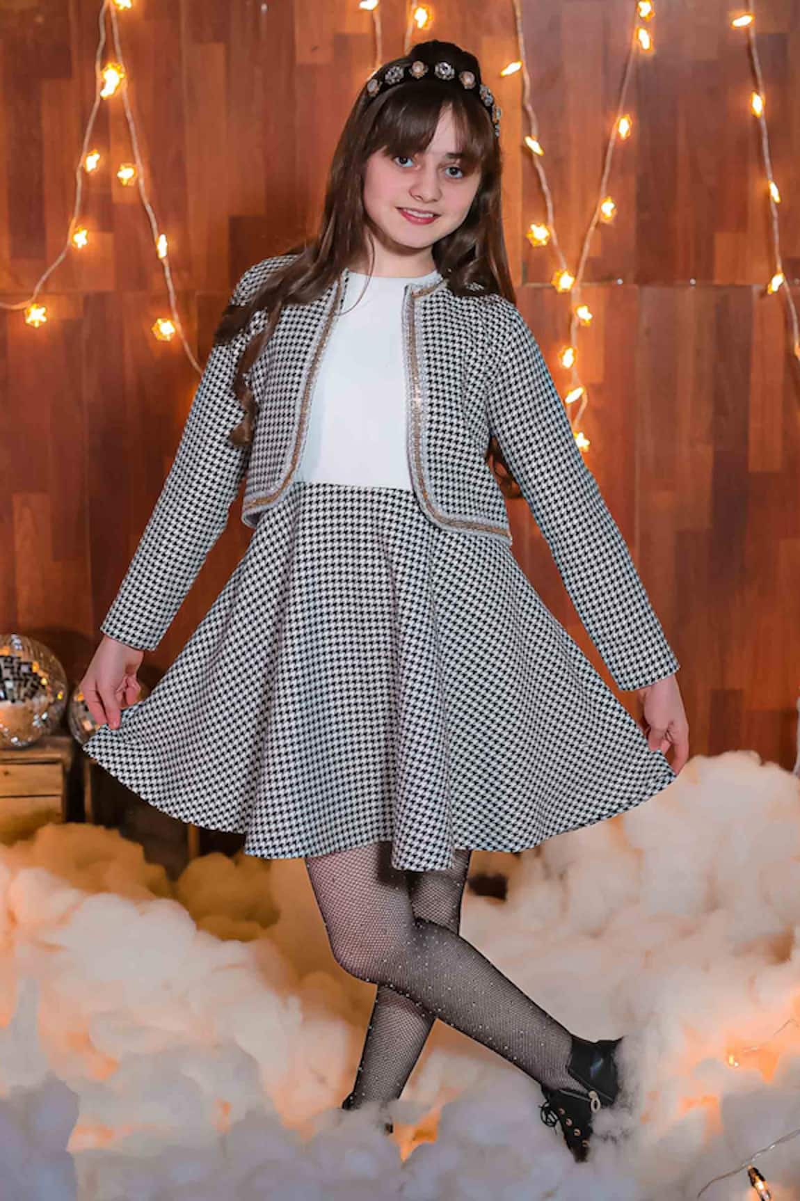 Hoity Moppet Houndstooth Woollen Dress With Jacket