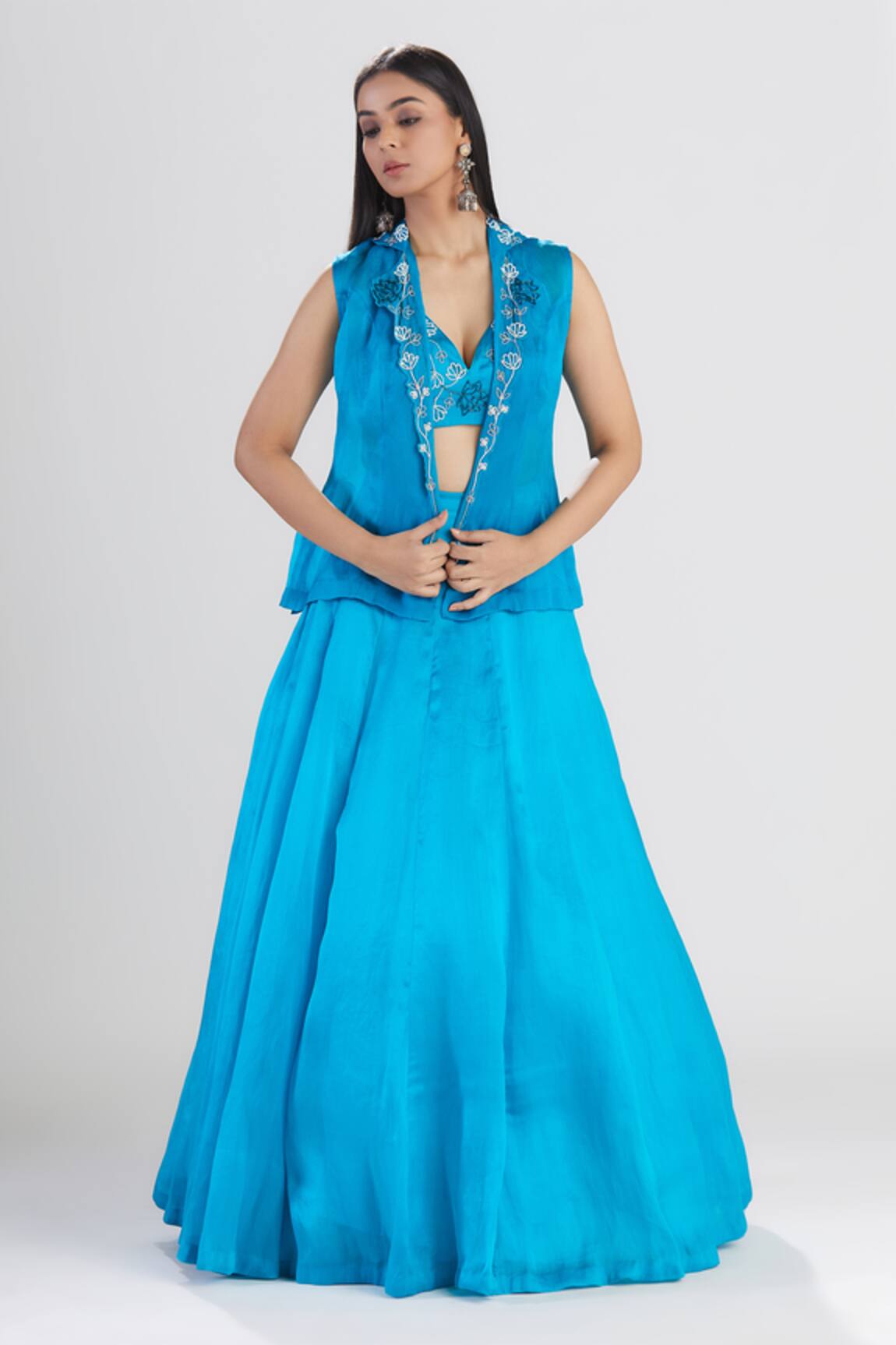Megha Bansal Satin Silk Organza Jacket Lehenga Set 