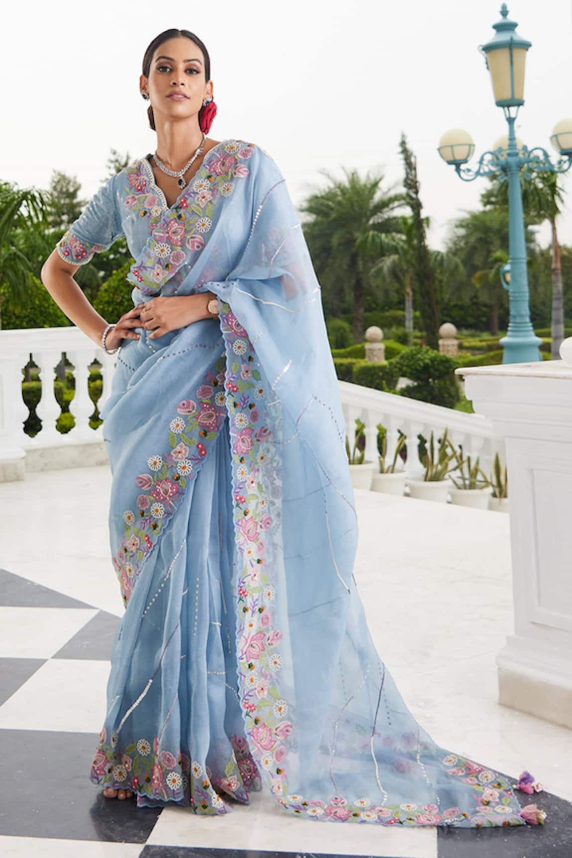 Sonia Bansal Floral Embroidered Saree With Blouse