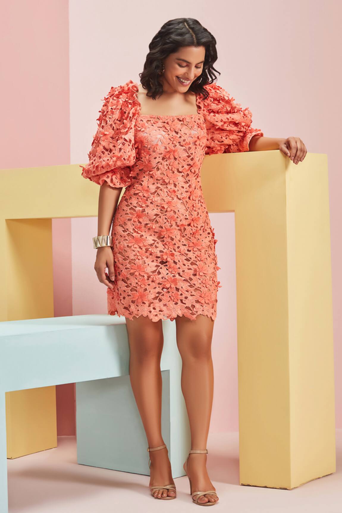 Buy Ivanick Womens Knee Length VNeck Chiffon Lace Dress Peach Small at  Amazonin