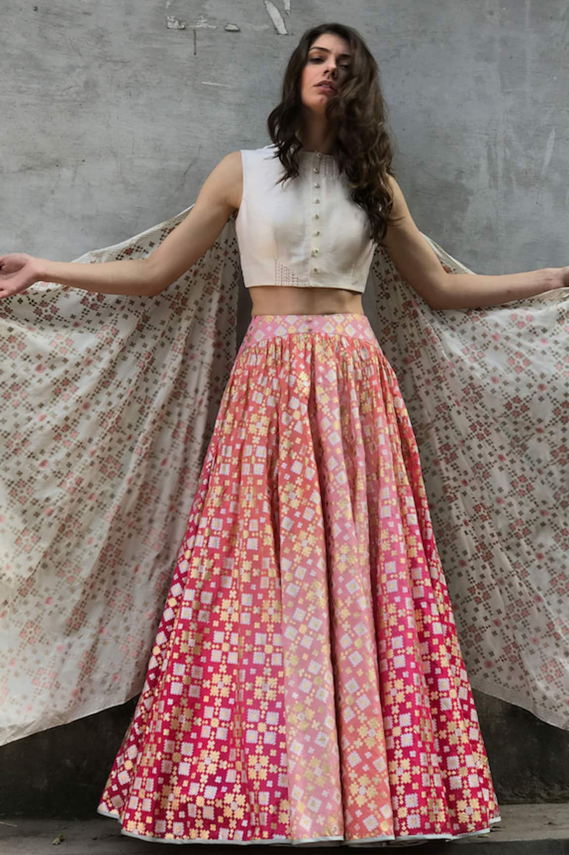 I am Design Brocade lehenga with back drape top 