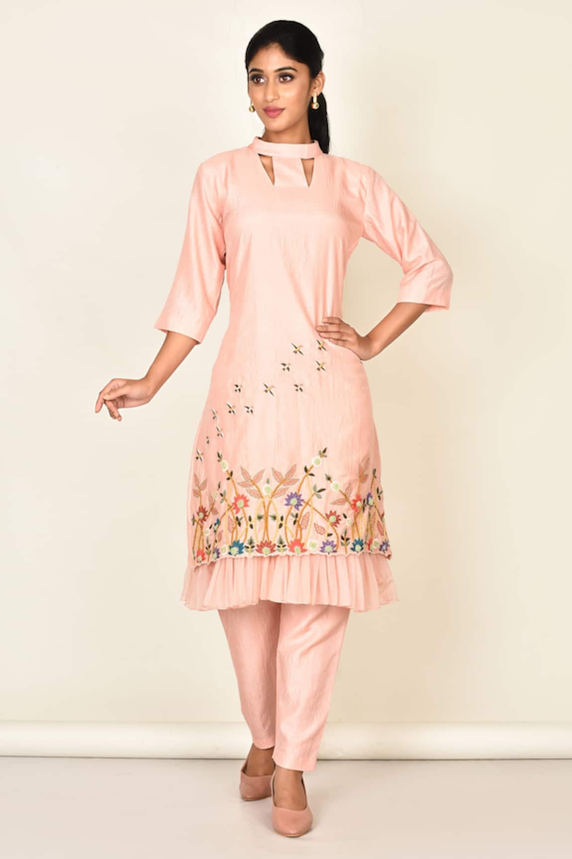 Khwaab By Sanjana Lakhani Floral Embroidered Peach Kurta Set 