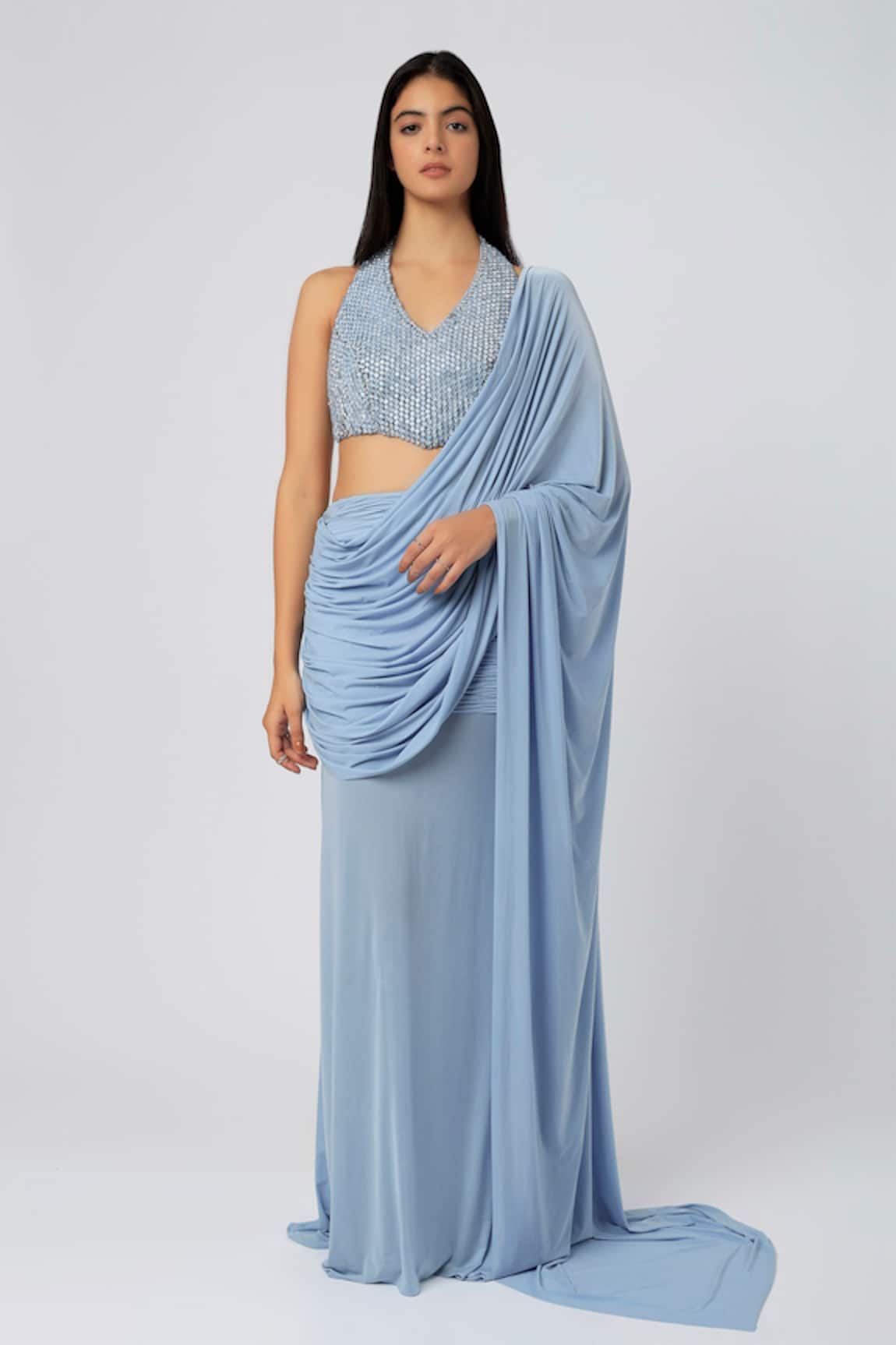 Deme by Gabriella Pleated Skirt Saree With Halter Neck Blouse