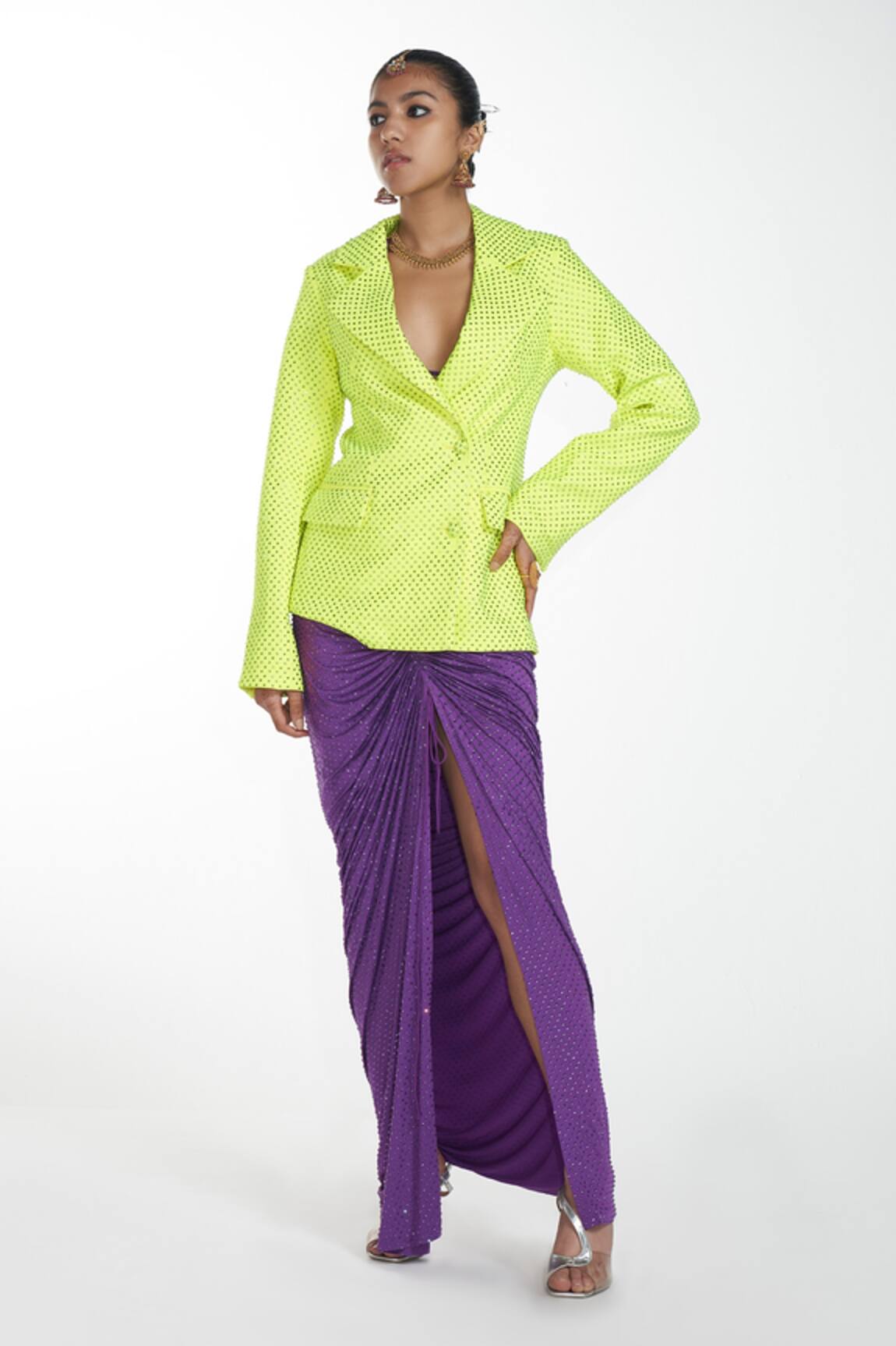 Itrh Crystal Embellished Pre-Draped Saree With Blazer