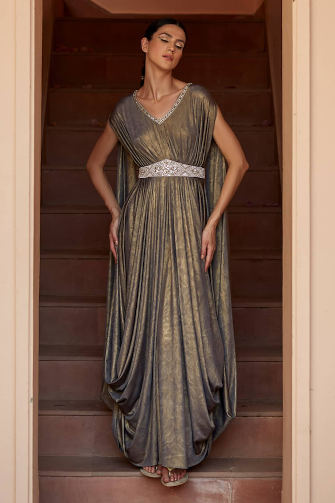 Dania Siddiqui Isis Metallic Draped Gown