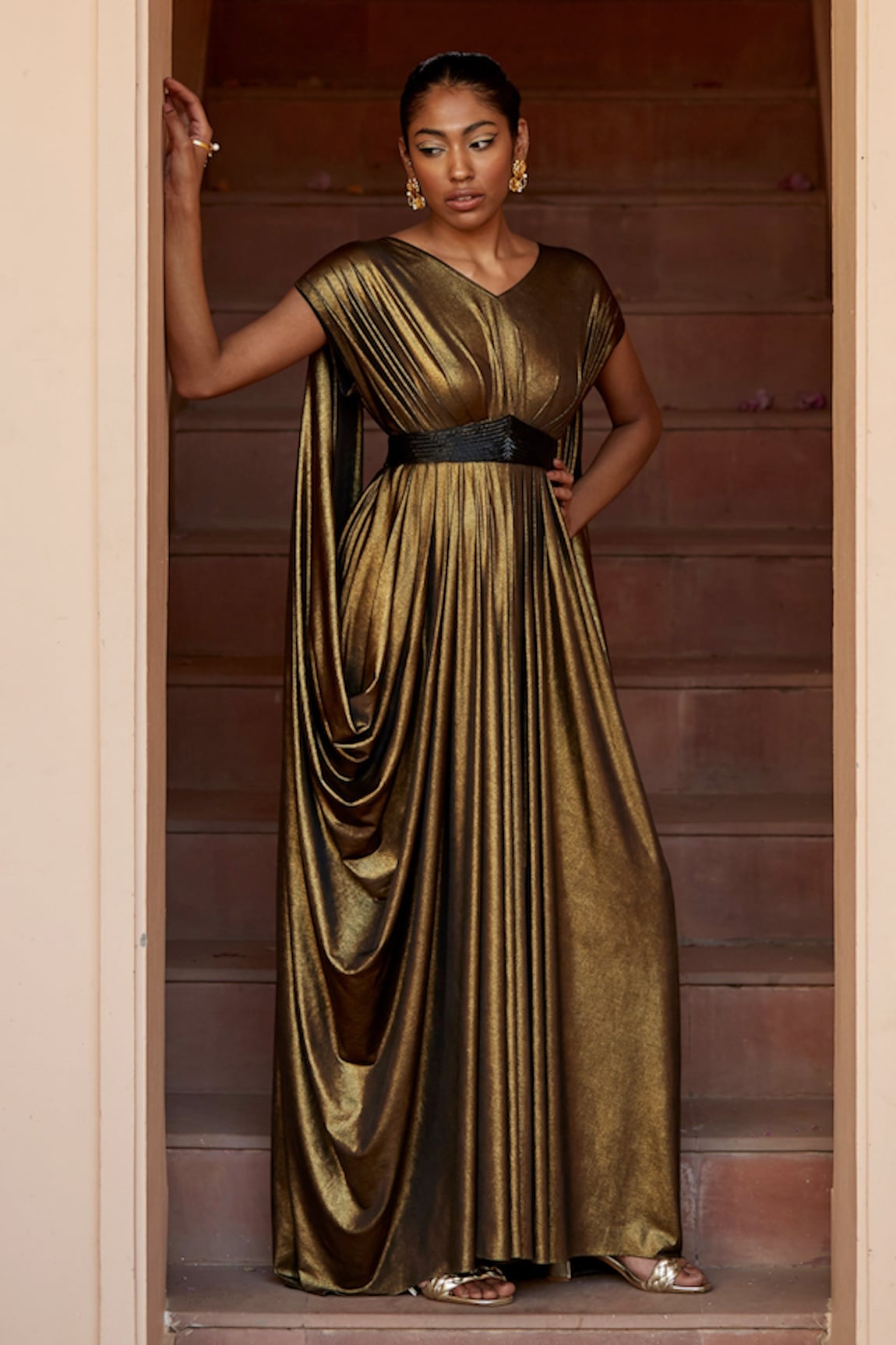 Dania Siddiqui Neferiti Metallic Draped Gown