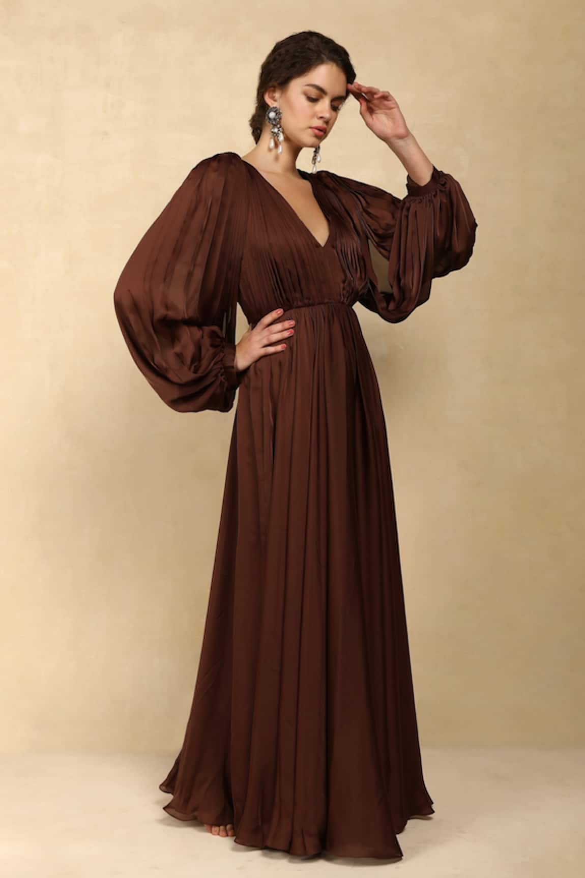 Dania Siddiqui Pleated Slit Sleeve Gown