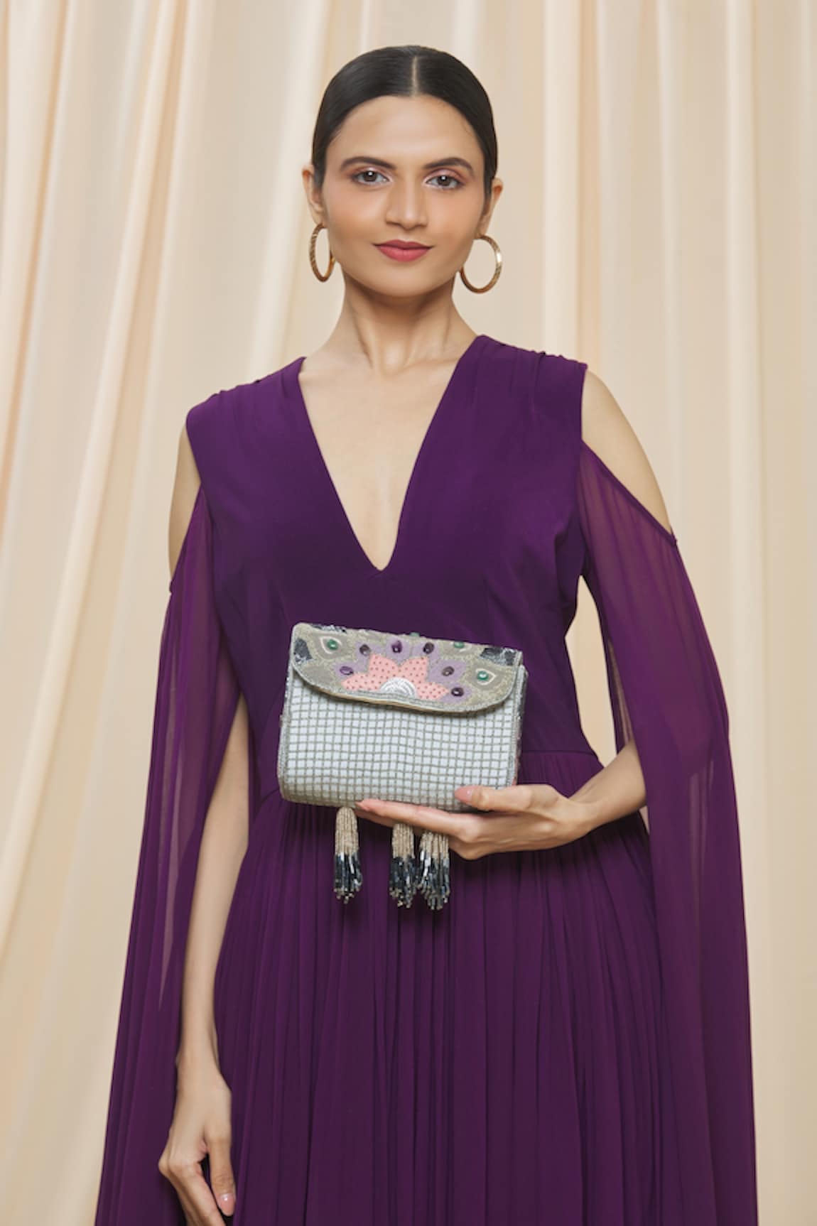 Durvi Waterfall Bead Embroidered Clutch With Sling