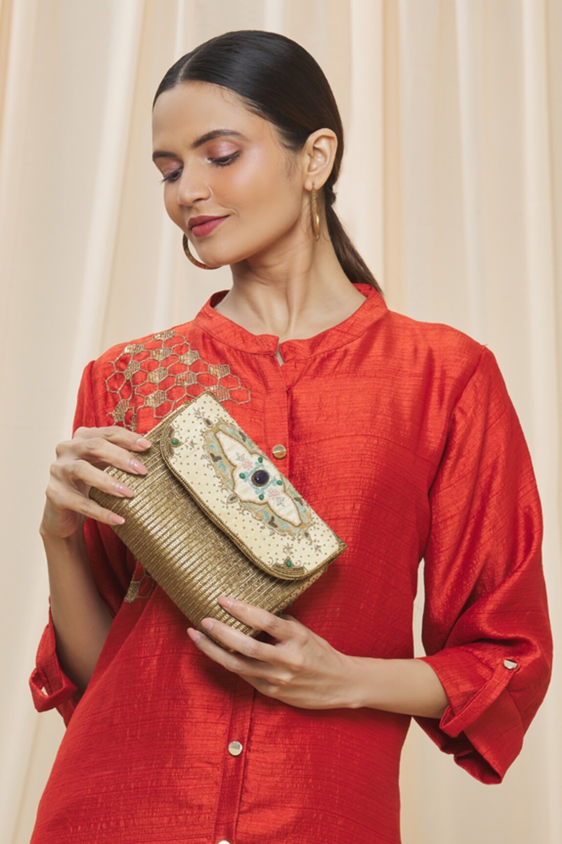 Durvi Stone Embroidered Clutch With Sling