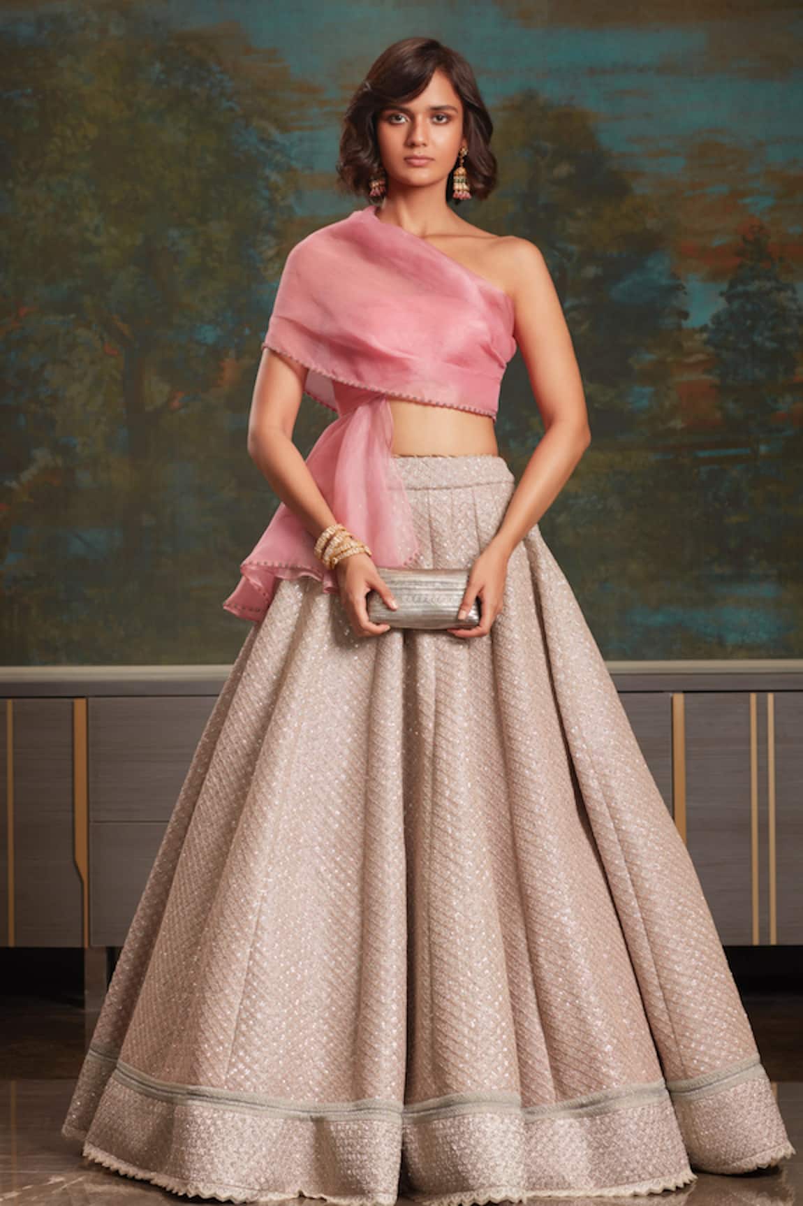 Jade By Monica & Karishma Organza Draped Blouse & Lehenga Set