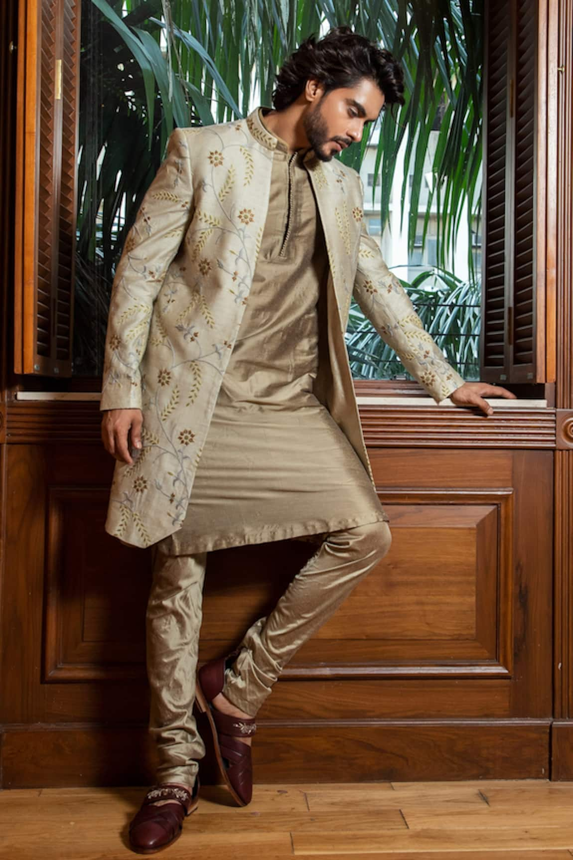 Darshika Menswear Embroidered Bandhgala Draped Kurta Set