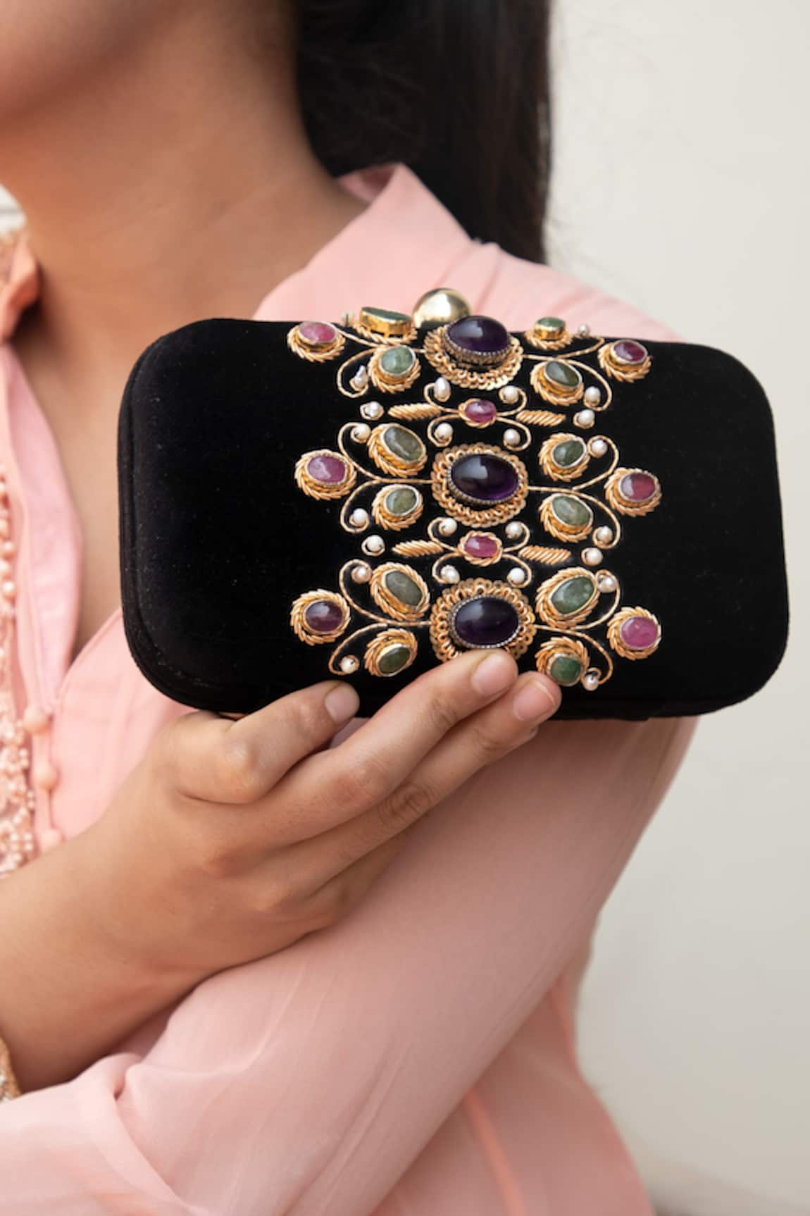 Dzior Perl Embellished Velvet Clutch