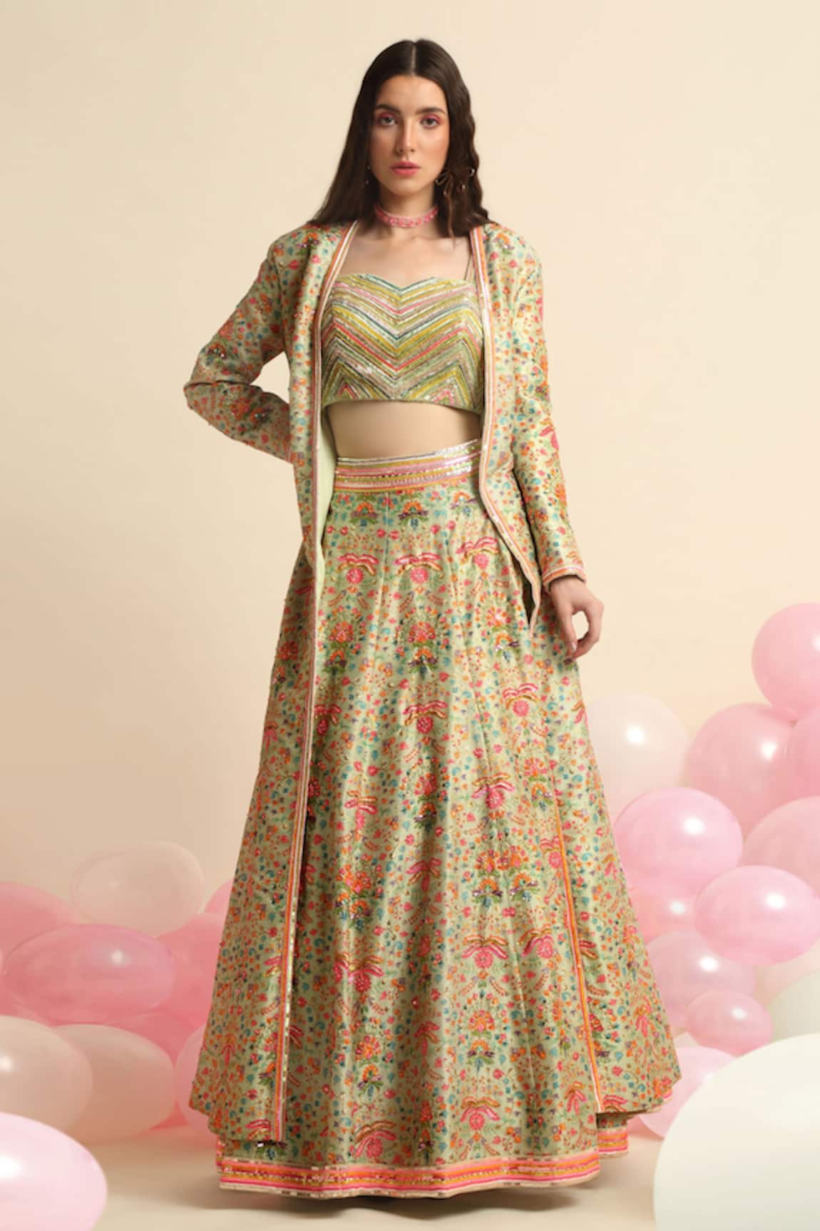 Priyanka Jain Floral Embroidered Jacket Lehenga Set 