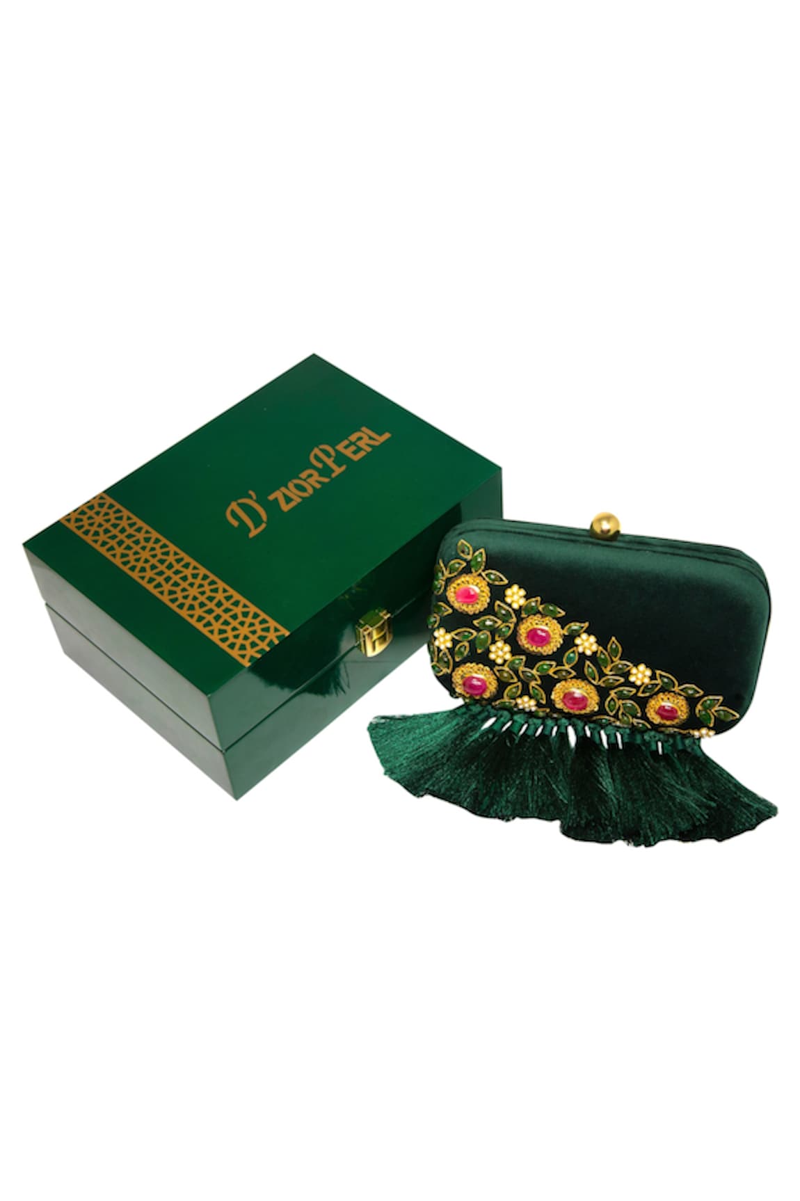 Dzior Perl Emeralds Embellished Tassel Clutch