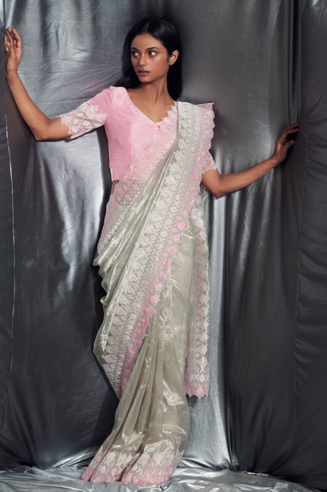 Banarasee Handwoven Faux Georgette Saree With Silver Zari Buti & Contr
