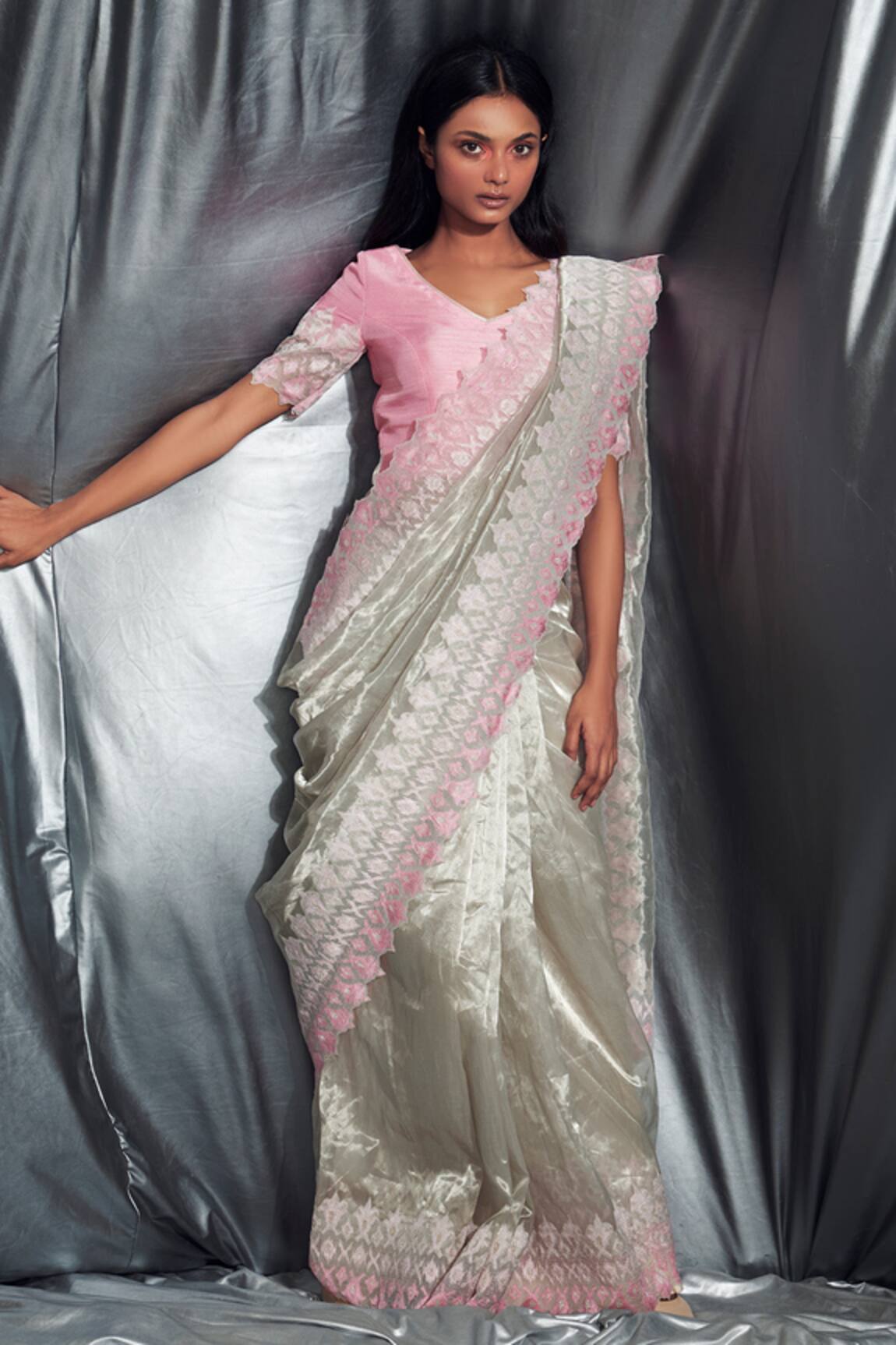 Buy Pink Sequin Saree In Georgette With Unstitched Blouse Piece Kalki  Fashion India