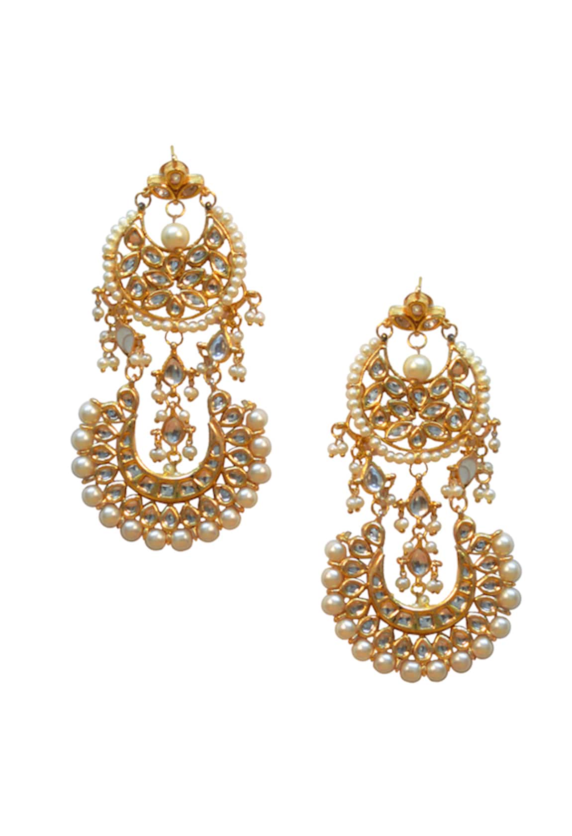 Just Shradhas Gold plated double chand pearl & kundan earrings