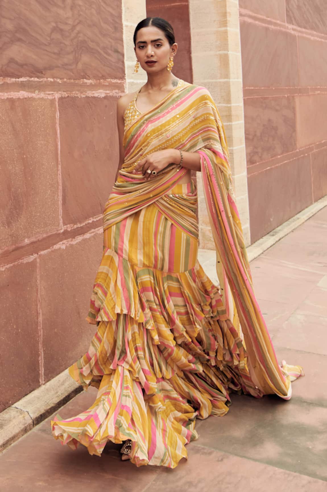 Paulmi and Harsh Striped Pre-Draped Saree With Blouse