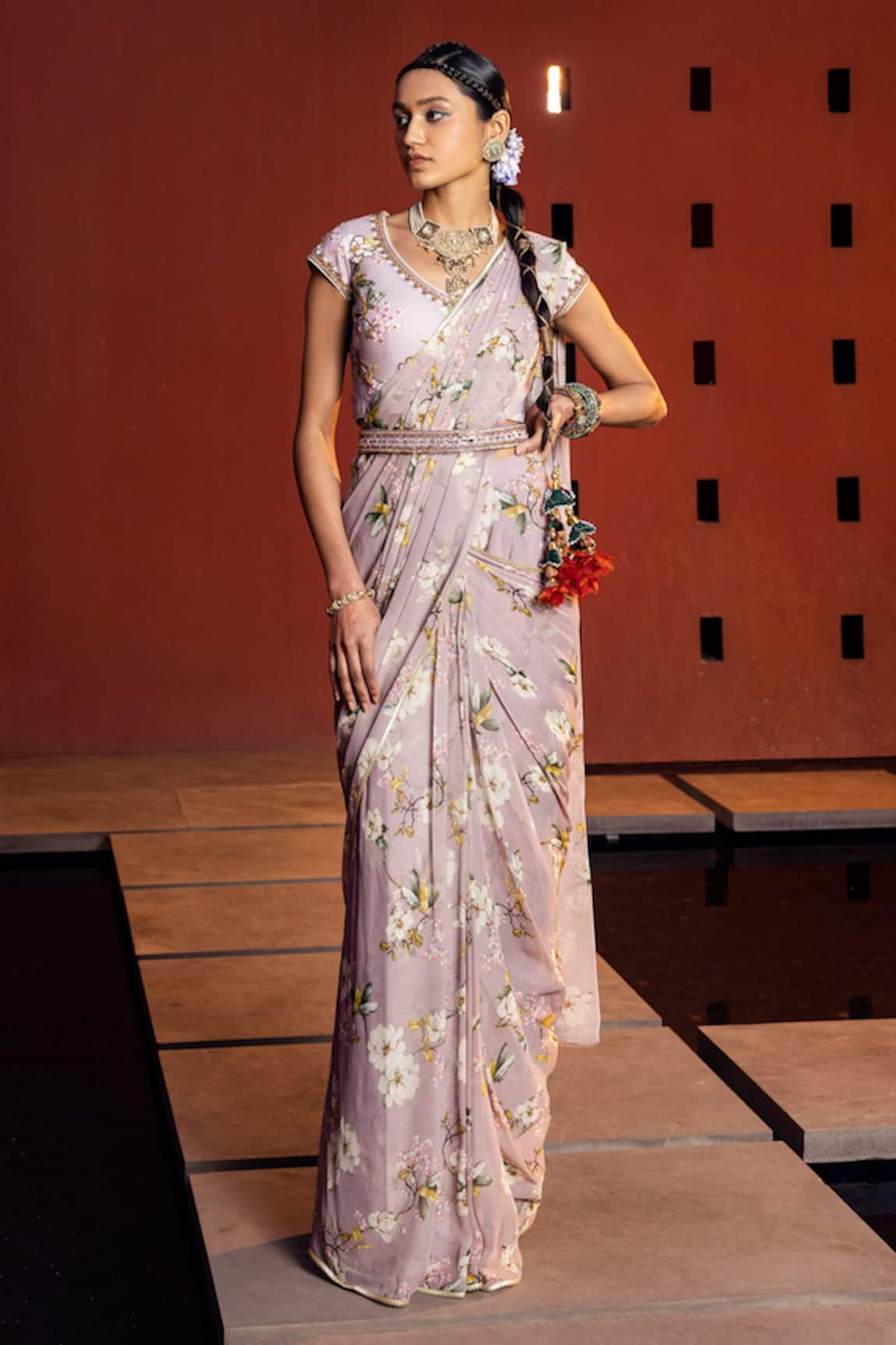 Kalista Kiara Floral Print Pre-Draped Saree Set