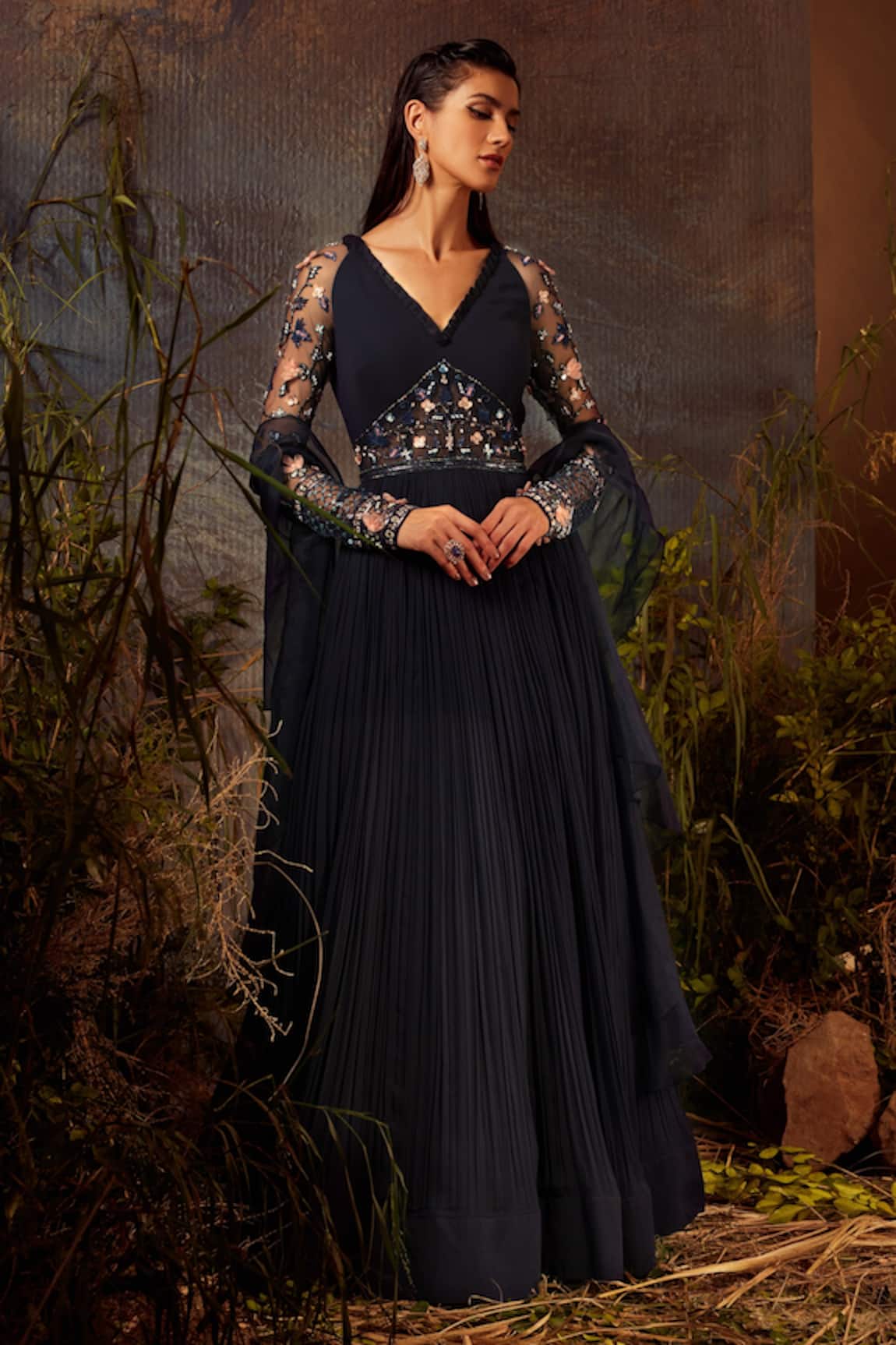 Dheeru Taneja Embroidered Anarkali With Ruffle Dupatta