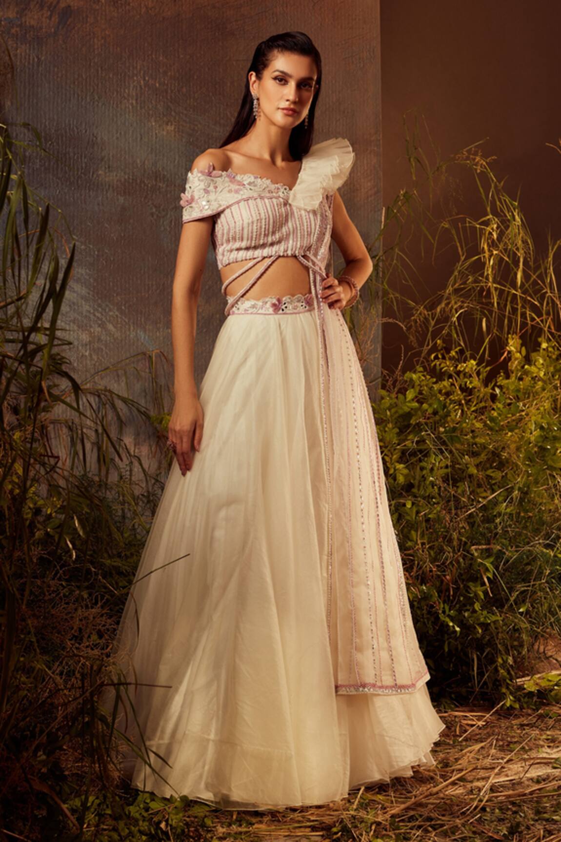 Dheeru Taneja Embroidered Ruffle Blouse & Lehenga Set