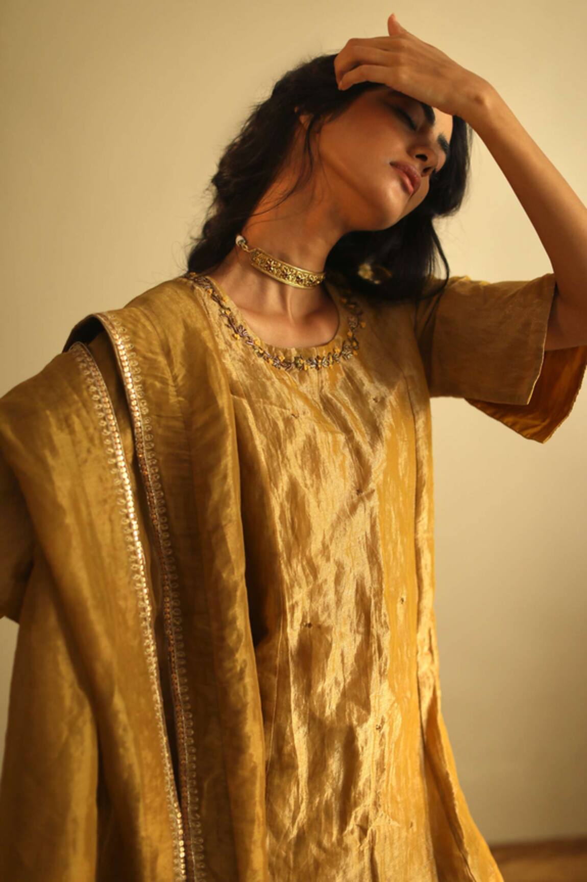 Women Golden Cream Chanderi Silk Kurti with Churidar