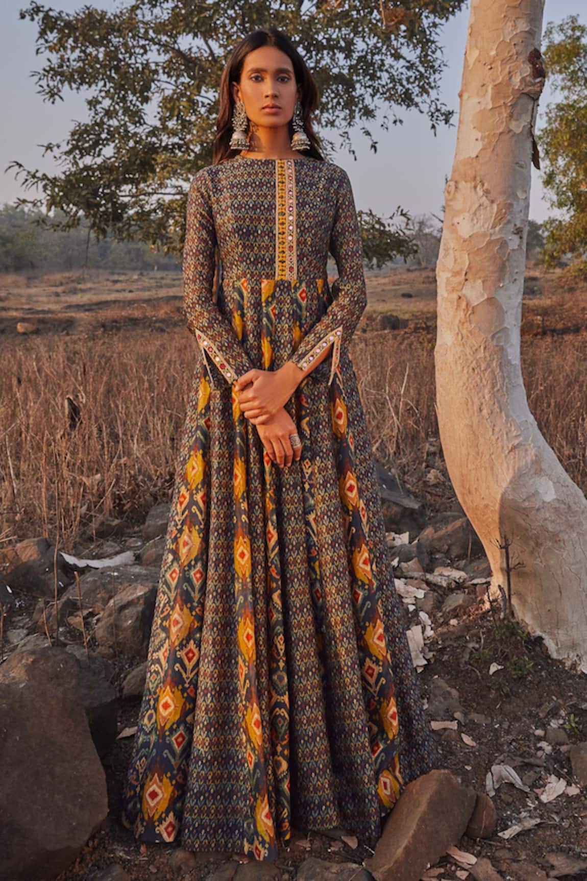 Drishti & Zahabia Chanderi Silk Ikat Print Dress