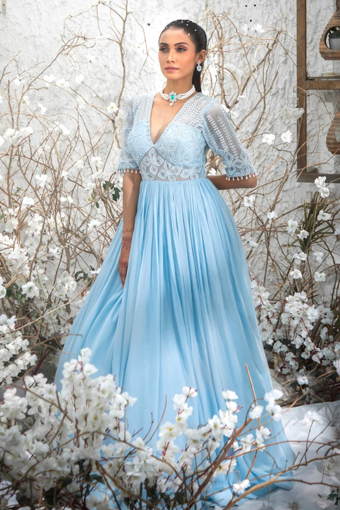 Kanj By Priyanka A Sakhuja Ellr Pleated Embroidered Gown