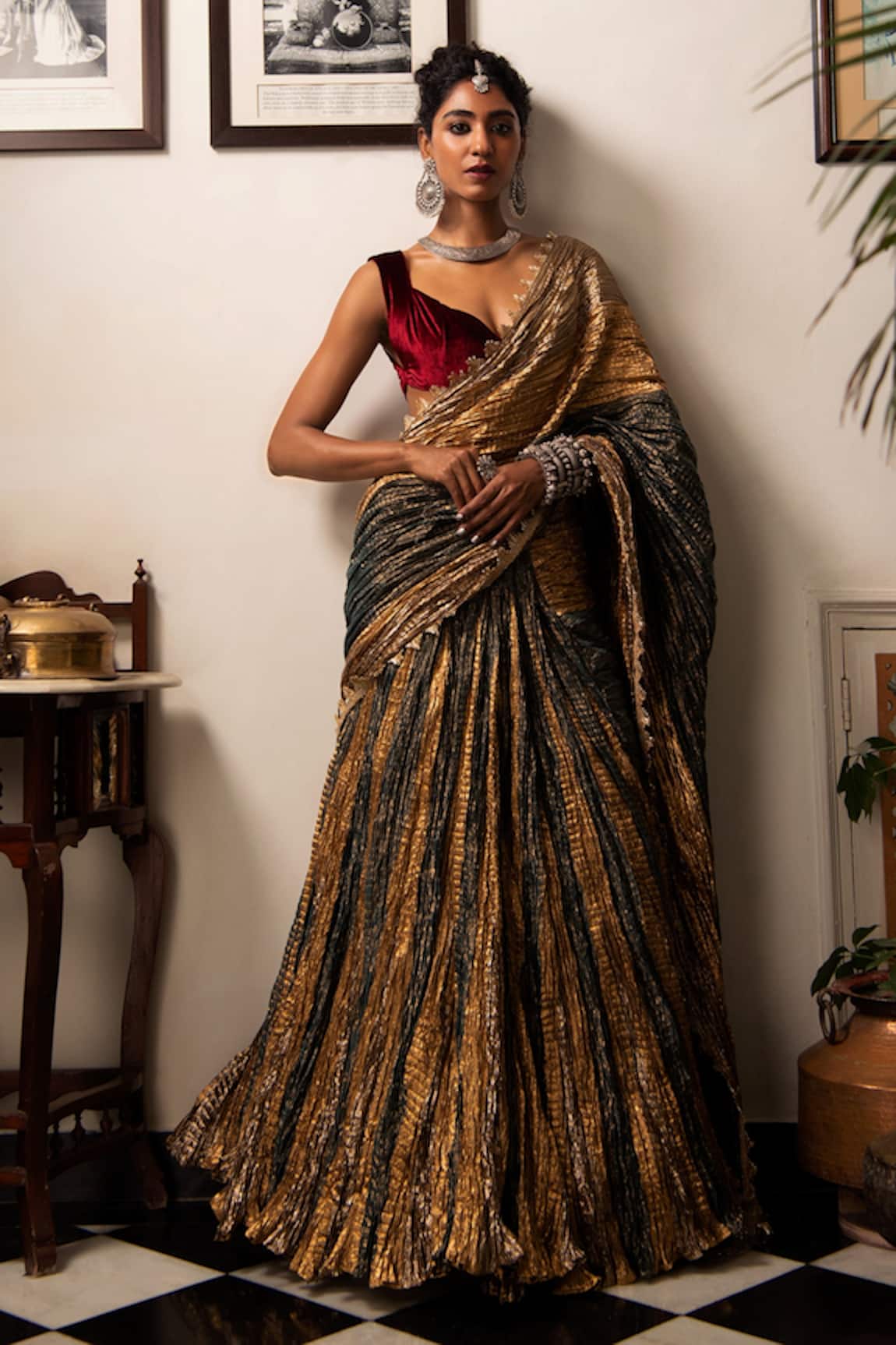 Etasha by Asha Jain Multi Color Velvet Gota Tissue Textured Pre-draped Saree Set