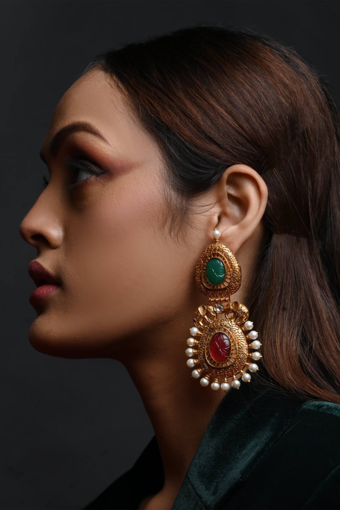 The Bling Girll Elephant Motif Ruby Emerald Stone Pearl Danglers 