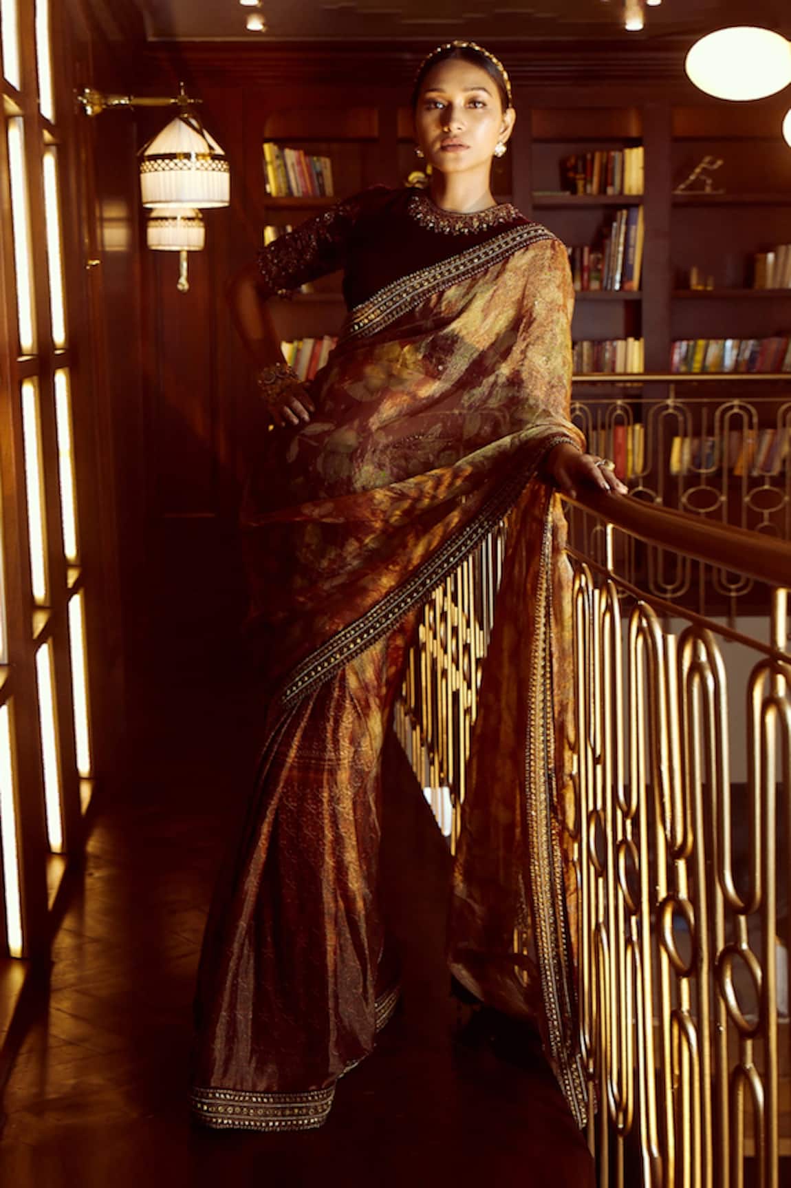 Tarun Tahiliani Printed Tissue Saree with Velvet Blouse