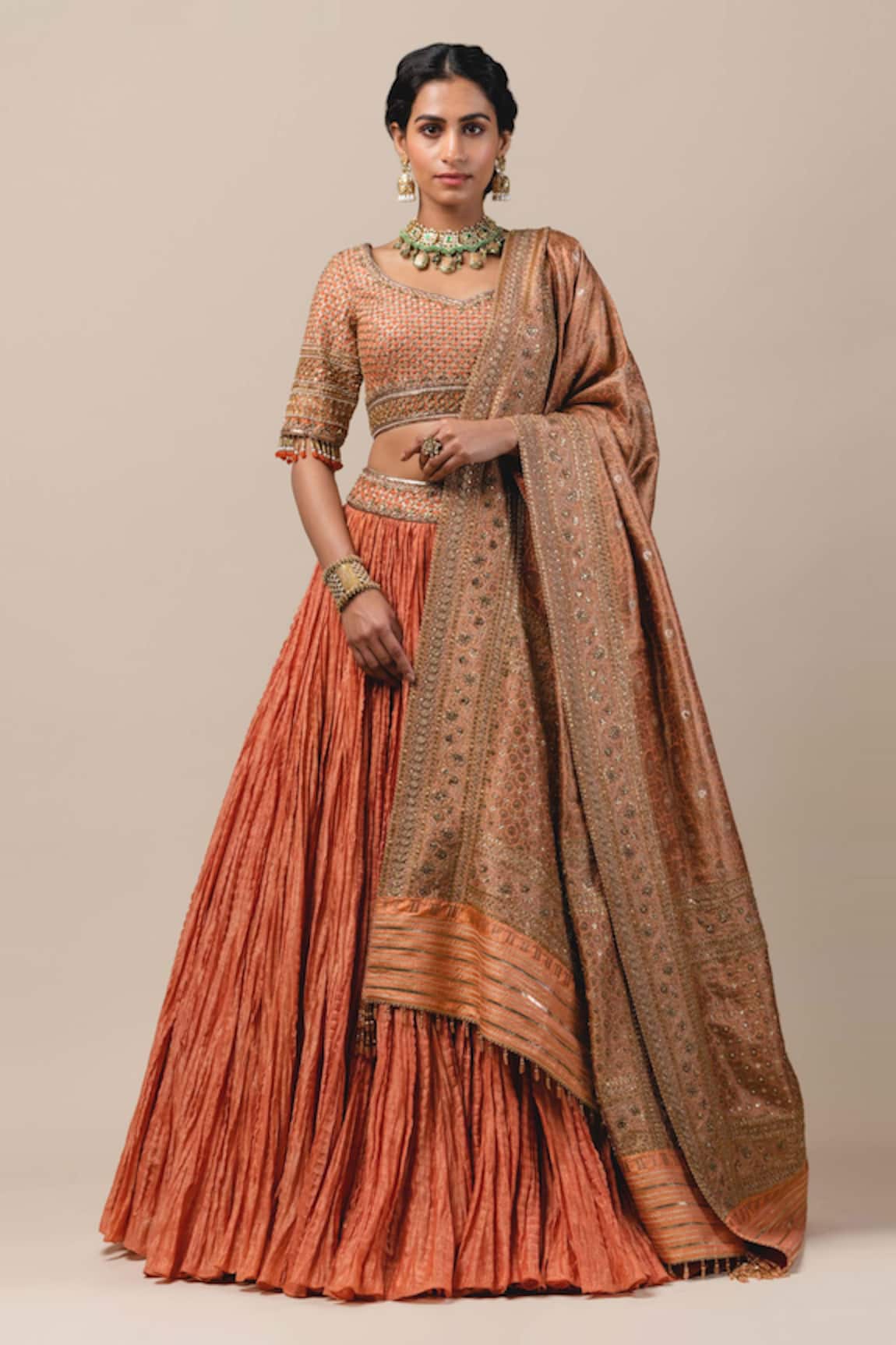 Tarun Tahiliani Chanderi Crushed Bridal Lehenga Set 