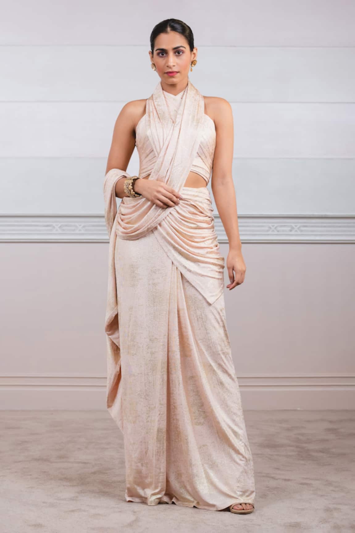Tarun Tahiliani Lame Jersey Pre-Draped Saree Set 