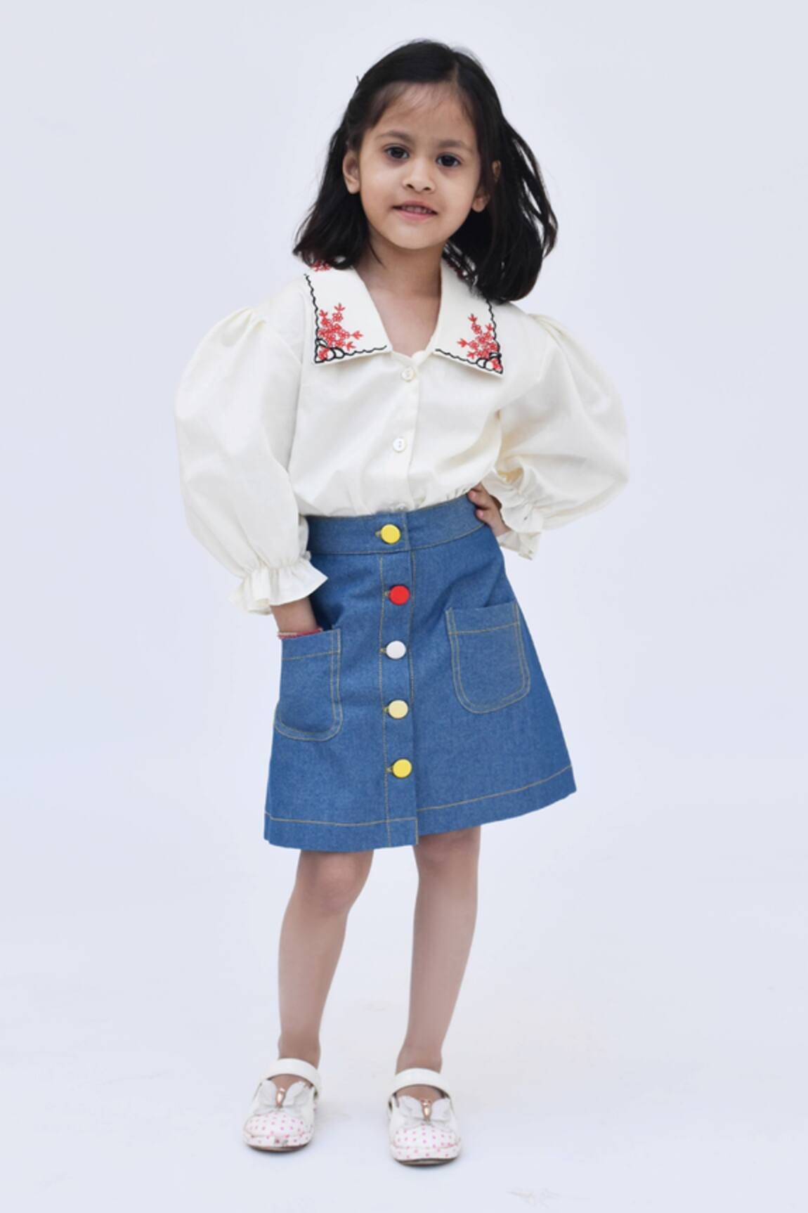 FAYON KIDS Spread Collar Shirt & Skirt Set 