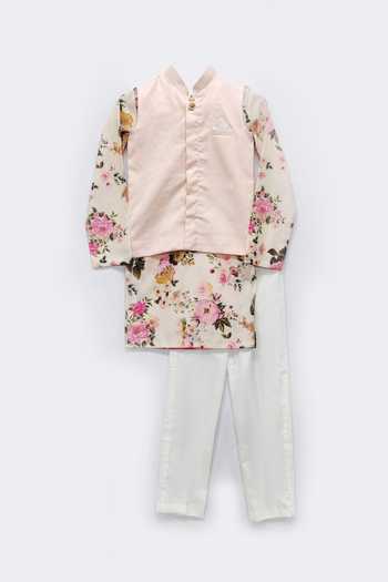 FAYON KIDS Peach Silk Bundi & Floral Printed Kurta Set 