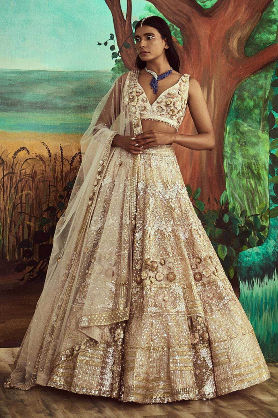 Angad Singh 3D Floral Sequin Embroidered Bridal Lehenga Set 