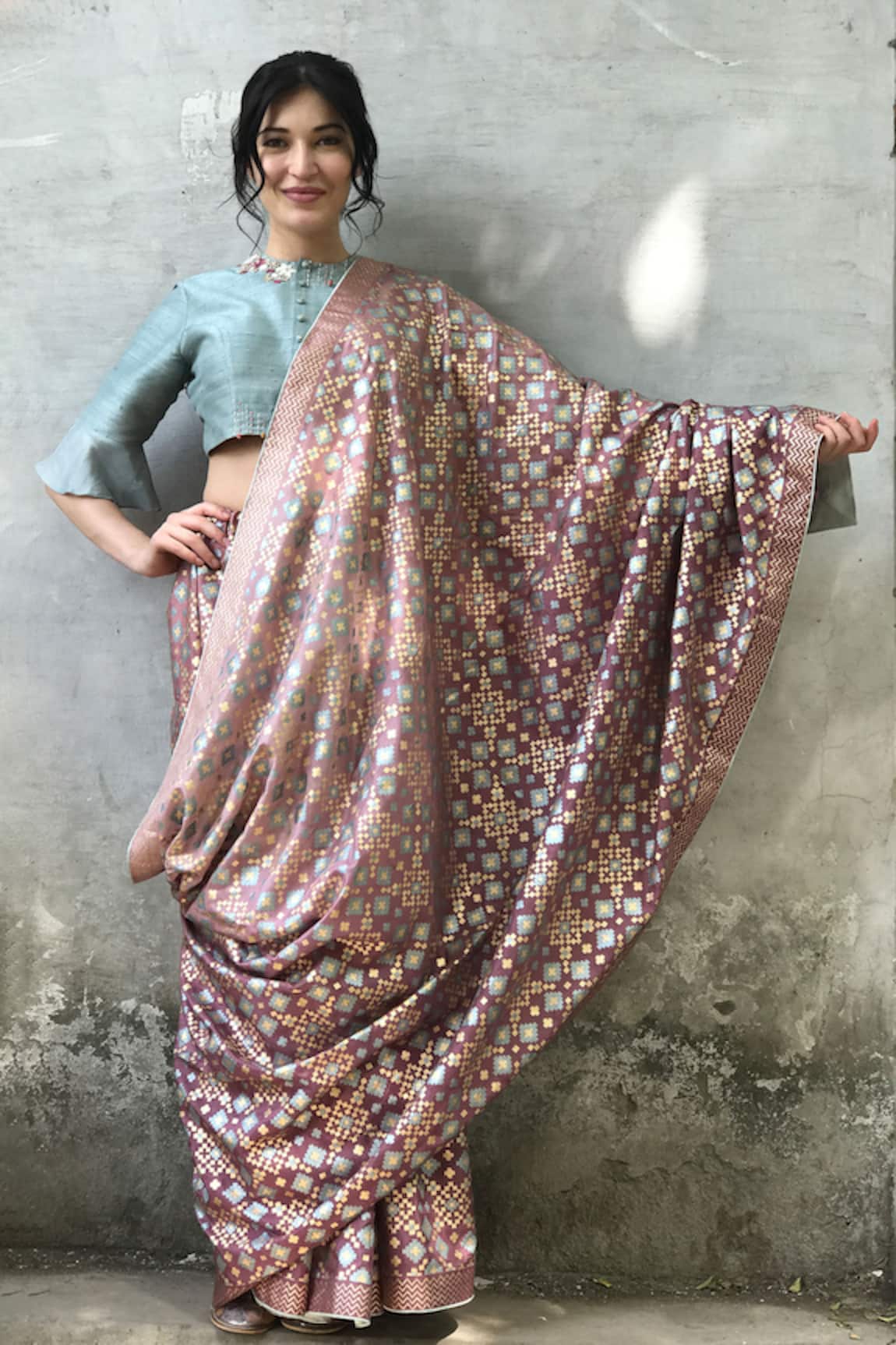 I Am Design Flared Sleeve hem Blouse With Printed Saree