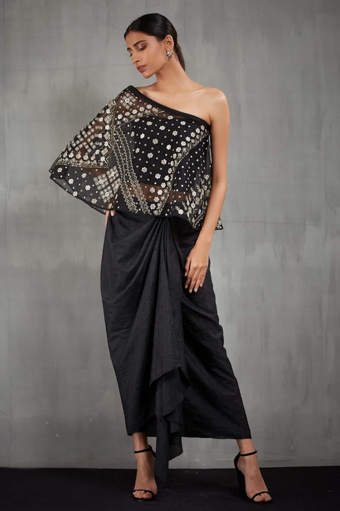 Kavita Bhartia Embroidered Organza Cape with Draped Skirt