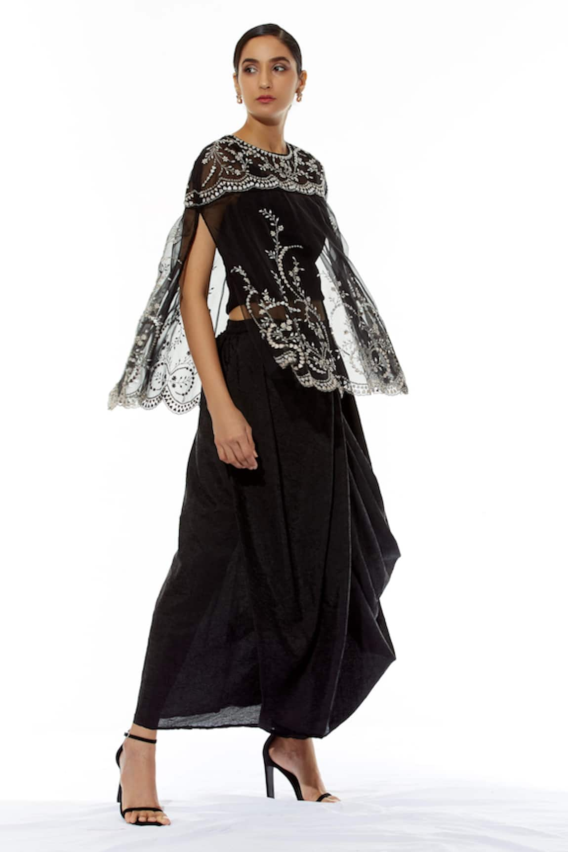 Kavita Bhartia Embroidered Organza Cape with Draped Skirt