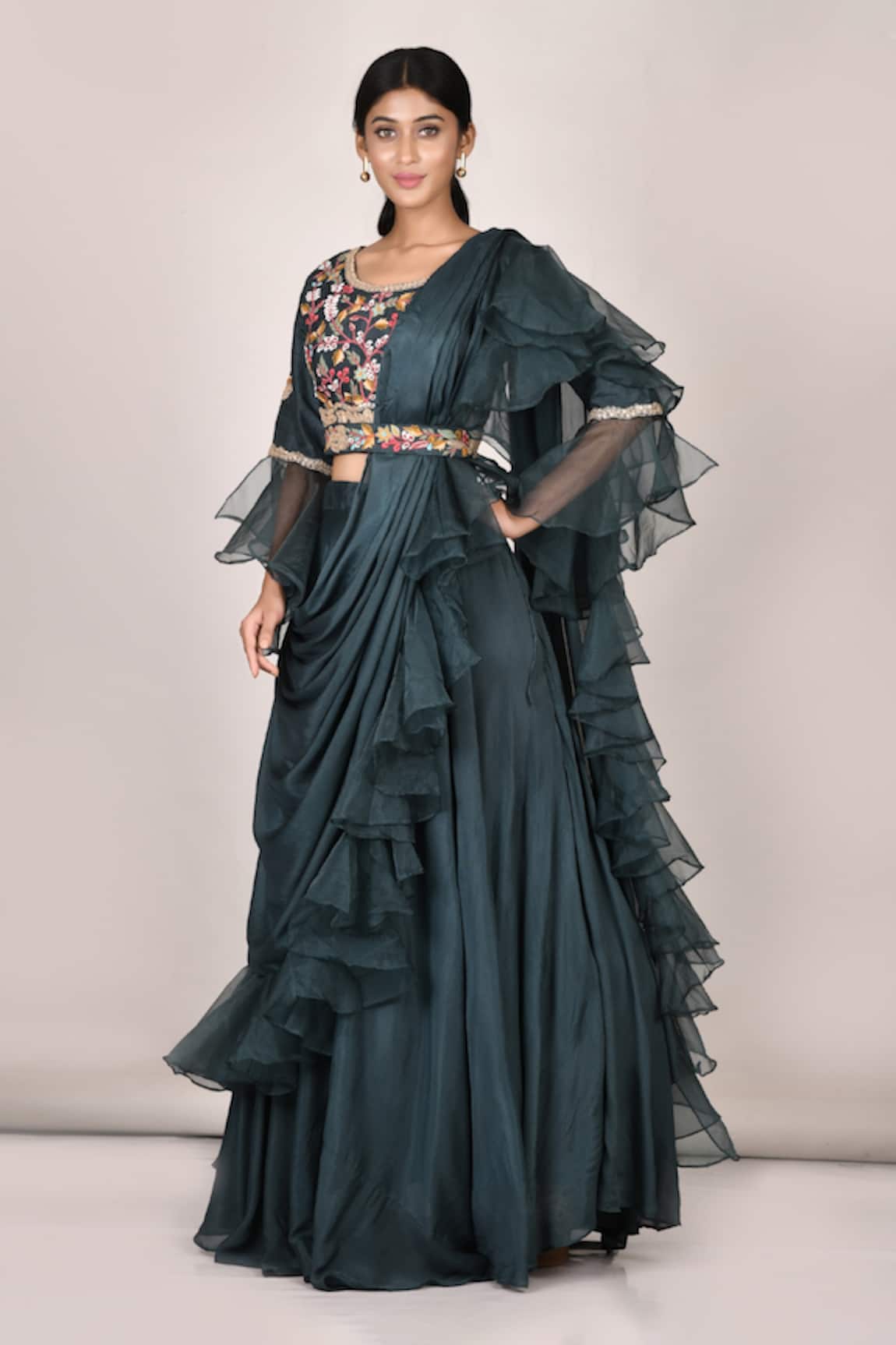Khwaab by Sanjana Lakhani Ruffle Draped Skirt & Crop Top Set
