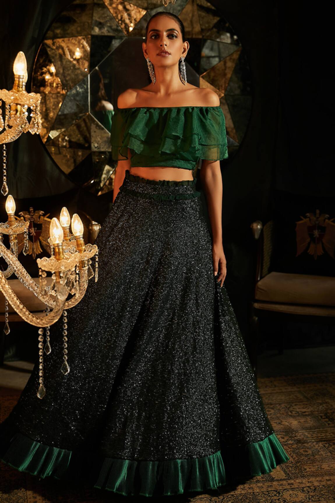 Tasuvure Indes Off Shoulder Blouse & Embroidered Lehenga Set