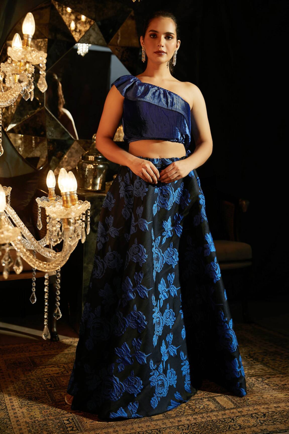 Tasuvure Indies One Shoulder Blouse & Printed Lehenga Set